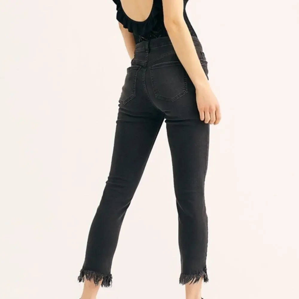 Free People Women's Great Heights Fringe Skinny Black Distressed Jeans 29 Frayed